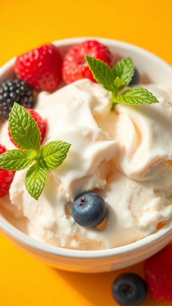 A bowl of zero-calorie ice cream topped with berries and mint on a bright background.